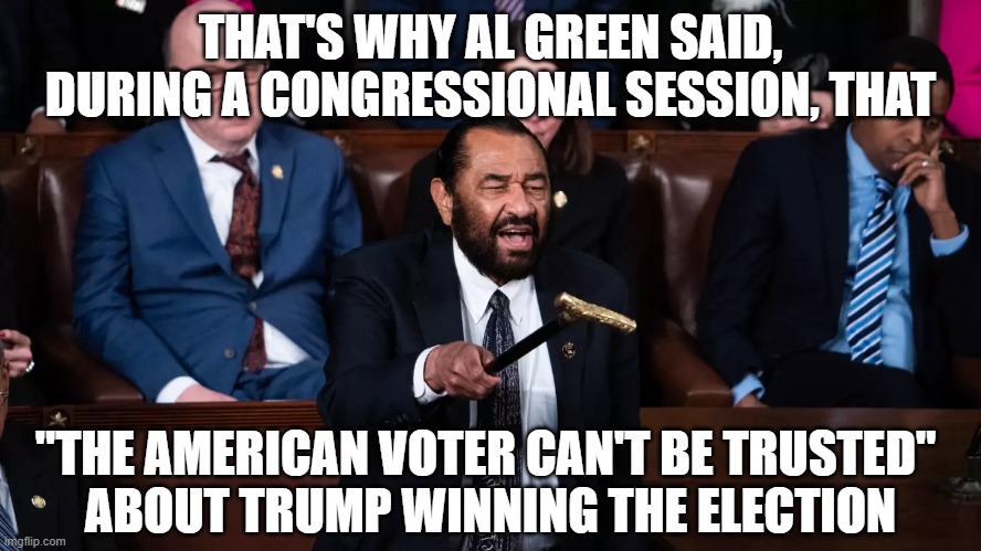 Al Green | THAT'S WHY AL GREEN SAID, DURING A CONGRESSIONAL SESSION, THAT "THE AMERICAN VOTER CAN'T BE TRUSTED" 
ABOUT TRUMP WINNING THE ELECTION | image tagged in al green | made w/ Imgflip meme maker