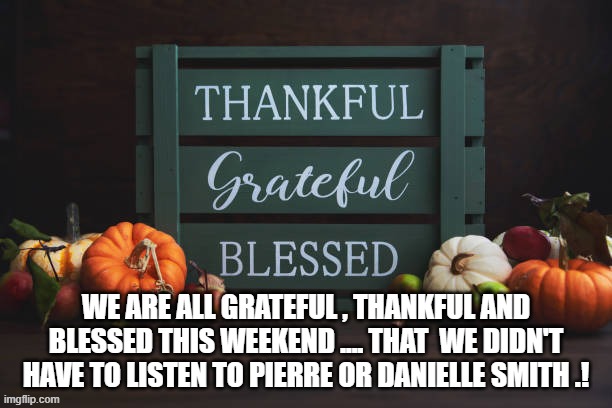 federal politics Canada | WE ARE ALL GRATEFUL , THANKFUL AND BLESSED THIS WEEKEND .... THAT  WE DIDN'T HAVE TO LISTEN TO PIERRE OR DANIELLE SMITH .! | image tagged in political meme | made w/ Imgflip meme maker
