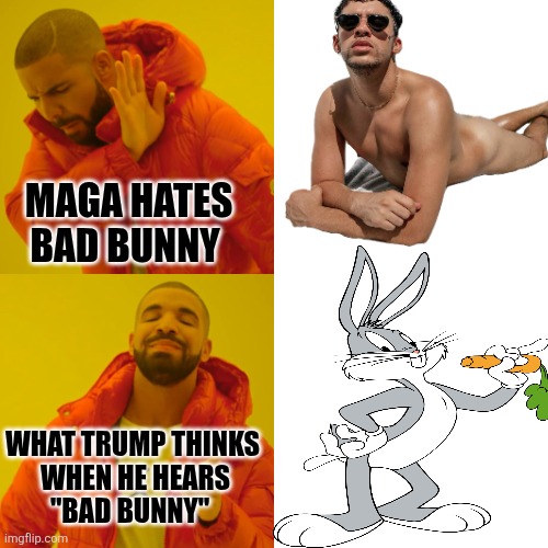 Drake Hotline Bling Meme | MAGA HATES BAD BUNNY WHAT TRUMP THINKS
 WHEN HE HEARS
"BAD BUNNY" | image tagged in memes,drake hotline bling | made w/ Imgflip meme maker