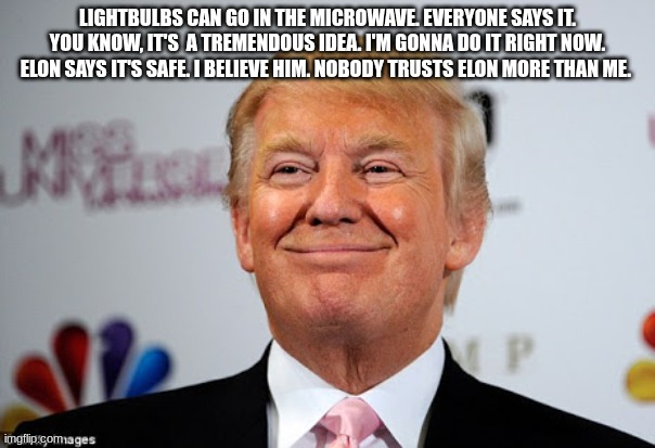 ts your god? | LIGHTBULBS CAN GO IN THE MICROWAVE. EVERYONE SAYS IT. YOU KNOW, IT'S  A TREMENDOUS IDEA. I'M GONNA DO IT RIGHT NOW. ELON SAYS IT'S SAFE. I BELIEVE HIM. NOBODY TRUSTS ELON MORE THAN ME. | image tagged in donald trump approves | made w/ Imgflip meme maker