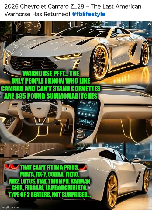 Funny | WARHORSE PFFT... THE ONLY PEOPLE I KNOW WHO LIKE CAMARO AND CAN'T STAND CORVETTES ARE 395 POUND SUMMOMABITCHES; THAT CAN'T FIT IN A PRIUS, MIATA, RX-7, COBRA, FIERO, MR2, LOTUS, FIAT, TRIUMPH, KARMAN GHIA, FERRARI, LAMBORGHINI ETC. TYPE OF 2 SEATERS. NOT SURPRISED... | image tagged in funny,fat,yo mamas so fat,giant,cars,big | made w/ Imgflip meme maker