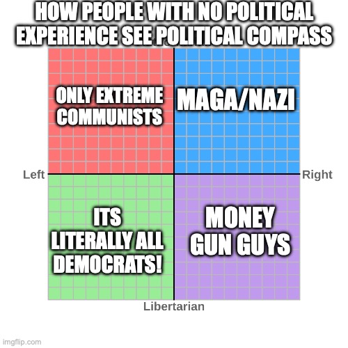 How people with no political experience see the political compass | HOW PEOPLE WITH NO POLITICAL EXPERIENCE SEE POLITICAL COMPASS; MAGA/NAZI; ONLY EXTREME COMMUNISTS; ITS LITERALLY ALL DEMOCRATS! MONEY GUN GUYS | image tagged in politics,political compass | made w/ Imgflip meme maker