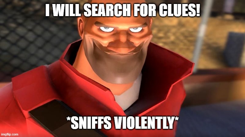 I WILL SEARCH FOR CLUES! *SNIFFS VIOLENTLY* | image tagged in tf2 soldier smiling | made w/ Imgflip meme maker
