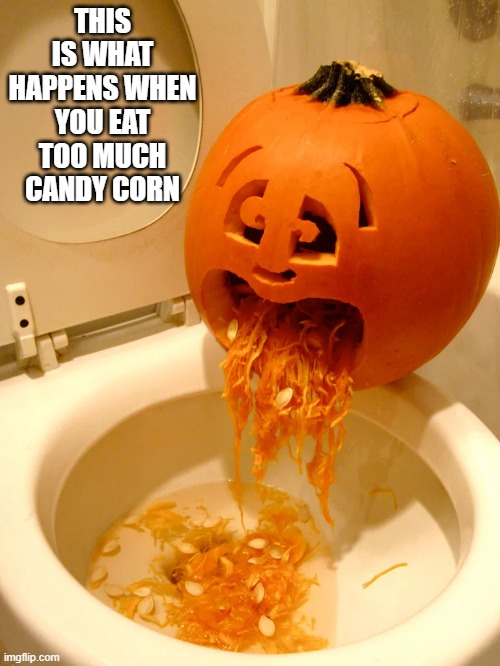 Don't eat too much Candy Corn or this could happen.   --  funny  -- | THIS IS WHAT HAPPENS WHEN YOU EAT TOO MUCH CANDY CORN | image tagged in funny,halloween,pumpkin,toilet paper,candy corn,humor | made w/ Imgflip meme maker