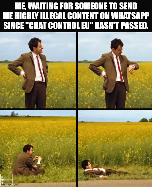 Why no one?? :(Maybe because people doesn't do it so often? | ME, WAITING FOR SOMEONE TO SEND ME HIGHLY ILLEGAL CONTENT ON WHATSAPP SINCE "CHAT CONTROL EU" HASN'T PASSED. | image tagged in mr bean waiting | made w/ Imgflip meme maker