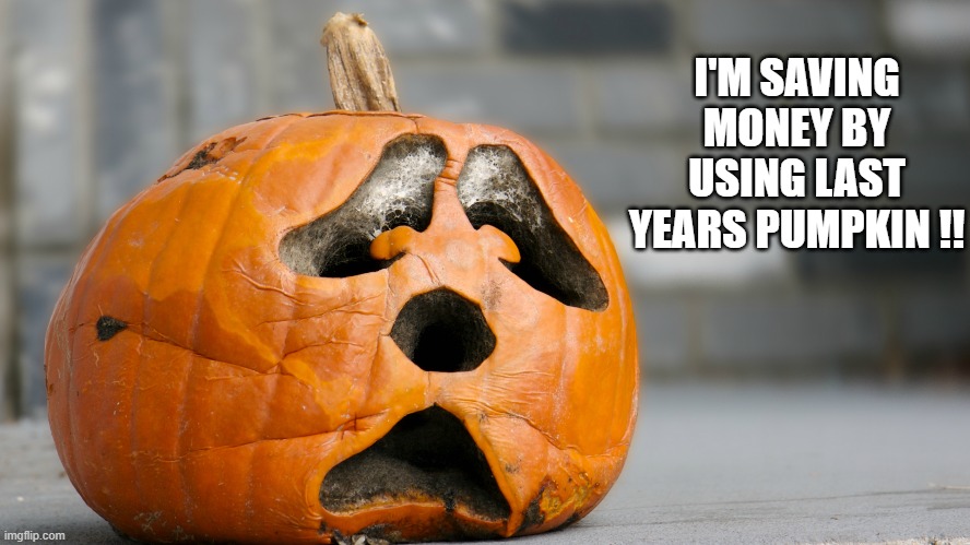I'm saving money by using last years pumpkin !!   ---   funny   --- | I'M SAVING MONEY BY USING LAST YEARS PUMPKIN !! | image tagged in funny,halloween,pumpkin,humor,old | made w/ Imgflip meme maker