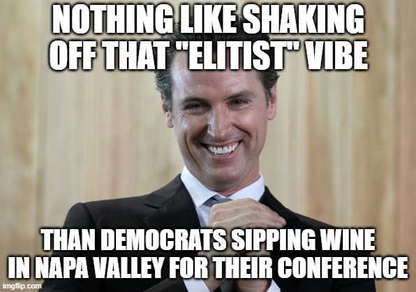 Scheming Gavin Newsom  | NOTHING LIKE SHAKING OFF THAT "ELITIST" VIBE THAN DEMOCRATS SIPPING WINE IN NAPA VALLEY FOR THEIR CONFERENCE | image tagged in scheming gavin newsom | made w/ Imgflip meme maker