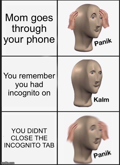 Super duper funny meme (just laugh) | Mom goes through your phone; You remember you had incognito on; YOU DIDNT CLOSE THE INCOGNITO TAB | image tagged in memes,panik kalm panik | made w/ Imgflip meme maker