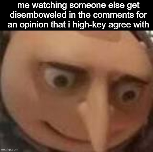 gru | me watching someone else get disemboweled in the comments for an opinion that i high-key agree with | image tagged in gru | made w/ Imgflip meme maker