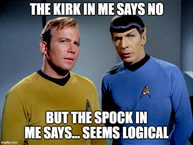 Kirk Telling Me No | THE KIRK IN ME SAYS NO; BUT THE SPOCK IN ME SAYS... SEEMS LOGICAL | image tagged in captain kirk spock | made w/ Imgflip meme maker