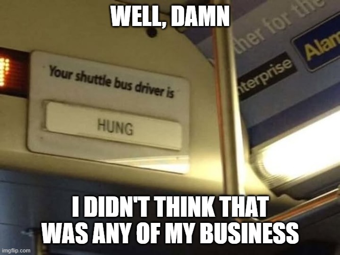 TMI! TMI! | WELL, DAMN; I DIDN'T THINK THAT WAS ANY OF MY BUSINESS | image tagged in funny names,bus driver,idk what to put here | made w/ Imgflip meme maker