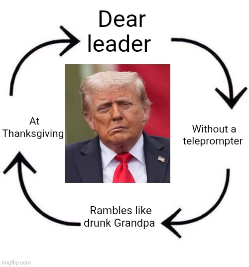Trump cognitive decline in public has become so bad even Fox news avoids showing them. | Dear leader; At Thanksgiving; Without a teleprompter; Rambles like drunk Grandpa | image tagged in trump,cognitive decline,drunk grandpa,rambling,everyone knows it,even maga | made w/ Imgflip meme maker