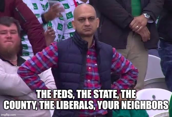 Disappointed Man | THE FEDS, THE STATE, THE COUNTY, THE LIBERALS, YOUR NEIGHBORS | image tagged in disappointed man | made w/ Imgflip meme maker