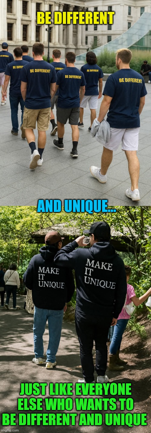 Different and unique | BE DIFFERENT; AND UNIQUE... JUST LIKE EVERYONE ELSE WHO WANTS TO BE DIFFERENT AND UNIQUE | image tagged in different,unique,know the difference,you're doing it wrong,they're the same picture | made w/ Imgflip meme maker