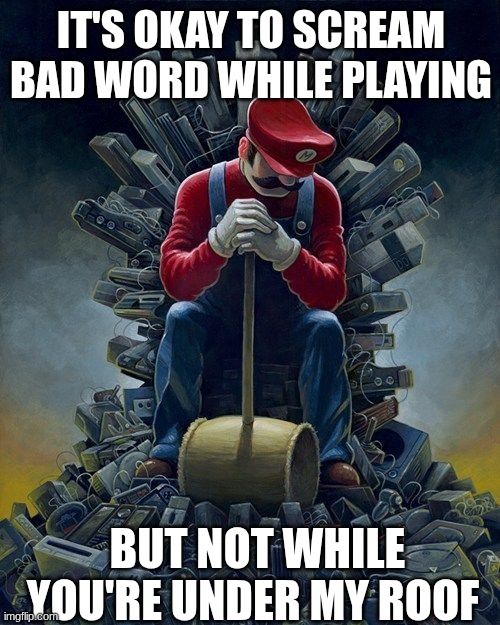 meme not funny | IT'S OKAY TO SCREAM BAD WORD WHILE PLAYING; BUT NOT WHILE YOU'RE UNDER MY ROOF | image tagged in super mario bros | made w/ Imgflip meme maker