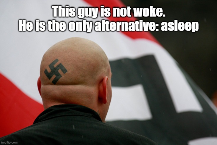 This Guy Is Not Woke | This guy is not woke.
He is the only alternative: asleep | image tagged in woke,asleep,fascism,nazism,swastika | made w/ Imgflip meme maker