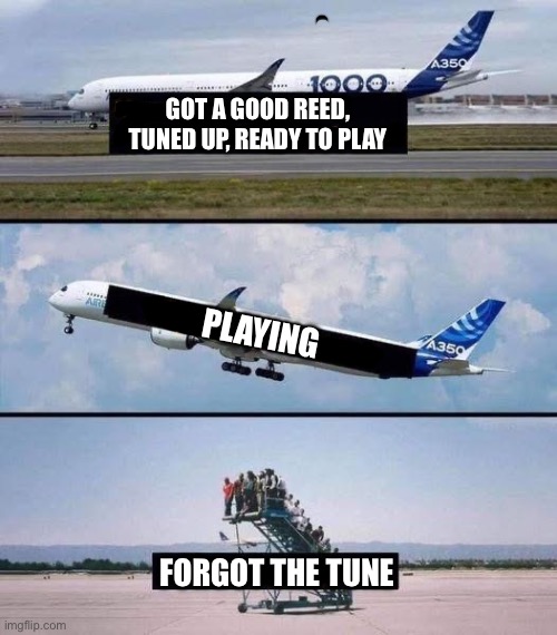 Forgot the Tune | GOT A GOOD REED, TUNED UP, READY TO PLAY; PLAYING; FORGOT THE TUNE | image tagged in jazz | made w/ Imgflip meme maker