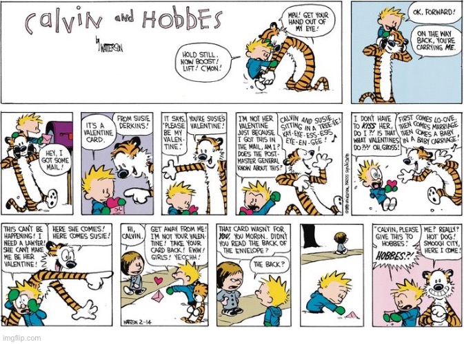 For Hobbes… it’s  time for smooches! | image tagged in calvin and hobbes,comics,valentines day,susie derkins,valentines card,not for you | made w/ Imgflip meme maker