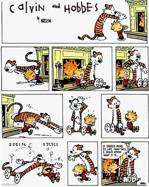 Ahhh, the warmth of a nice fire in the wintertime… | image tagged in calvin and hobbes,comics,fireplace,hot,good times,simple things | made w/ Imgflip meme maker