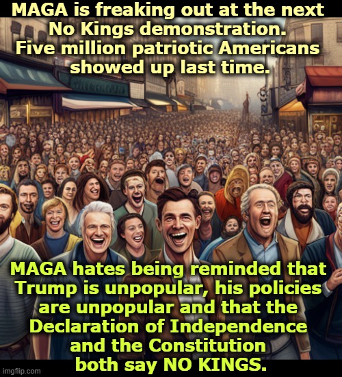 They are demonstrating because they love the Constitution. It's a shame Trump doesn't. | MAGA is freaking out at the next 
No Kings demonstration. 
Five million patriotic Americans 
showed up last time. MAGA hates being reminded that 
Trump is unpopular, his policies 

are unpopular and that the 
Declaration of Independence 
and the Constitution 
both say NO KINGS. | image tagged in no kings,demonstration,patriotism,trump,senile,constitution | made w/ Imgflip meme maker