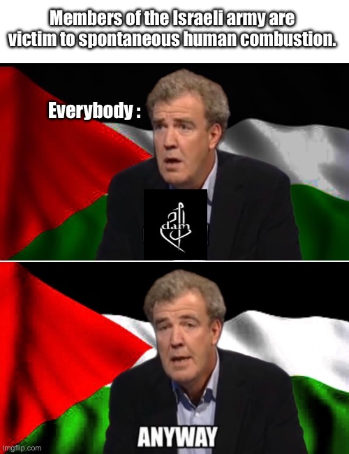 DAM, a musical band based on occupied-Palestine (modern-day Israel), known for their song « Who’s the terrorist ? » | Members of the Israeli army are victim to spontaneous human combustion. Everybody : | image tagged in palestine,middle east | made w/ Imgflip meme maker