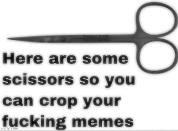 Here are some scissors so you can crop your fucking memes | image tagged in here are some scissors so you can crop your fucking memes | made w/ Imgflip meme maker