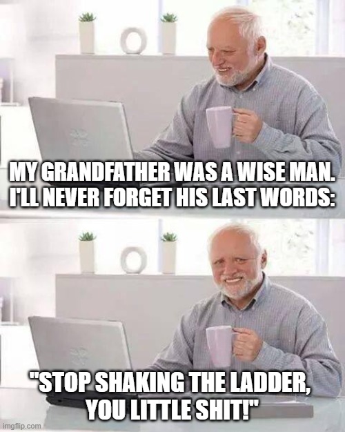 RIP Grandpa | MY GRANDFATHER WAS A WISE MAN. I'LL NEVER FORGET HIS LAST WORDS:; "STOP SHAKING THE LADDER, 
YOU LITTLE SHIT!" | image tagged in memes,hide the pain harold,grandpa,dead,ladder | made w/ Imgflip meme maker