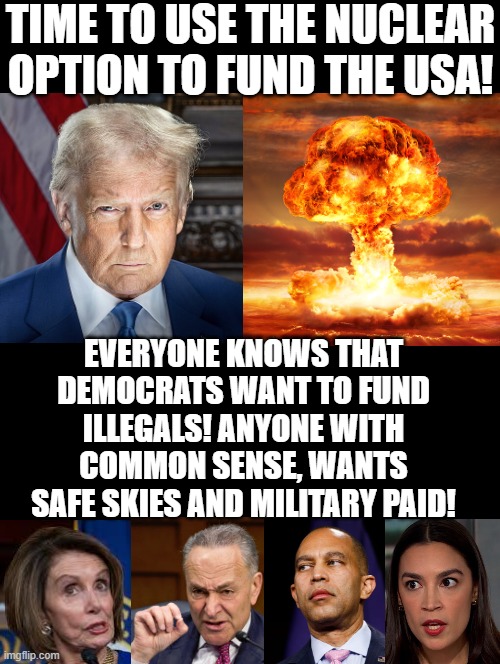 Nuclear Option! | TIME TO USE THE NUCLEAR OPTION TO FUND THE USA! EVERYONE KNOWS THAT DEMOCRATS WANT TO FUND ILLEGALS! ANYONE WITH COMMON SENSE, WANTS SAFE SKIES AND MILITARY PAID! | image tagged in nuclear | made w/ Imgflip meme maker