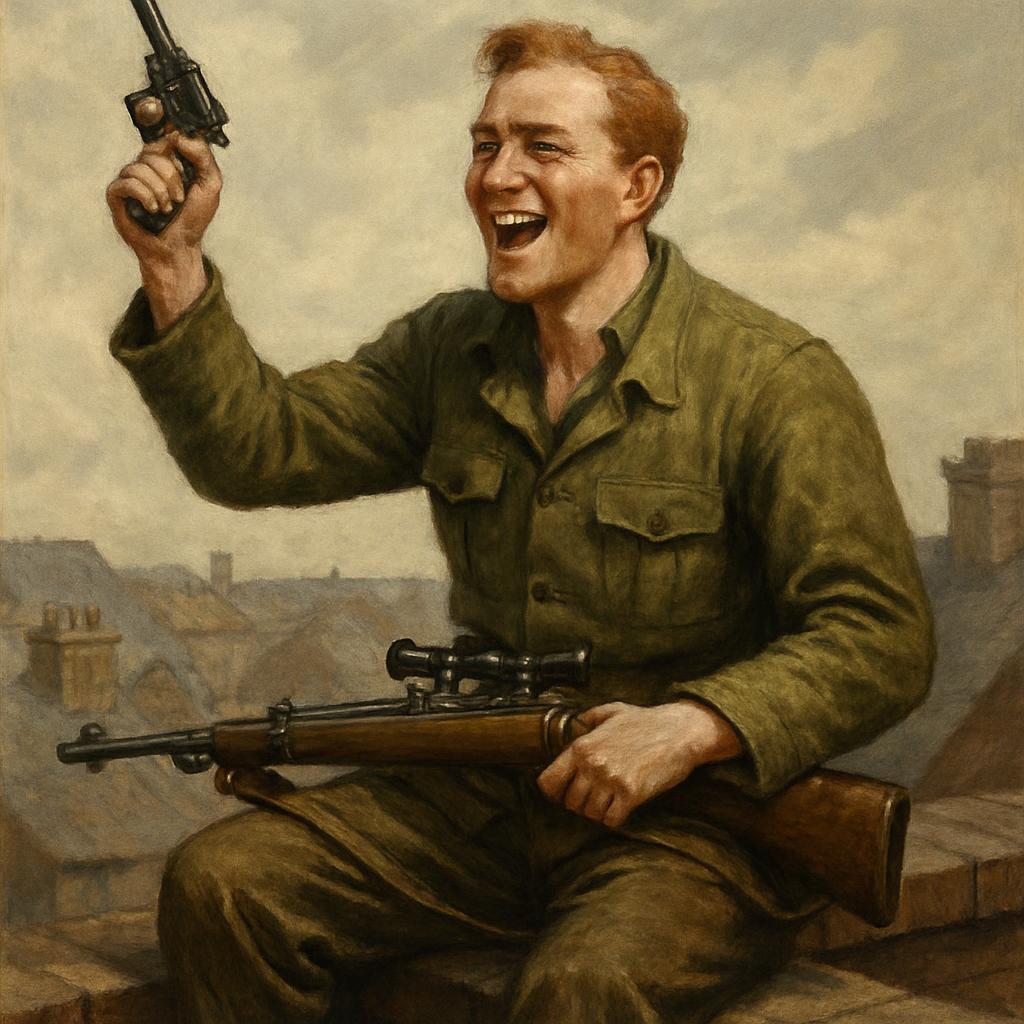 A sniper sitting on a roof celebrating he has no helmet on is ir Blank Meme Template