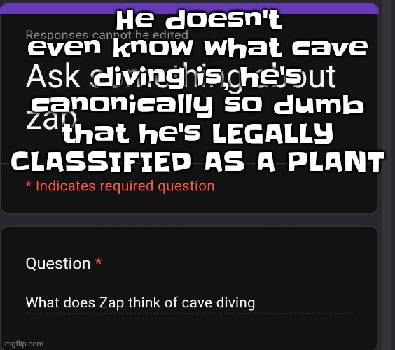 He doesn't even know what cave diving is, he's canonically so dumb that he's LEGALLY CLASSIFIED AS A PLANT | made w/ Imgflip meme maker