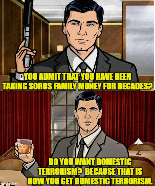 Dear leftists . . . . | YOU ADMIT THAT YOU HAVE BEEN TAKING SOROS FAMILY MONEY FOR DECADES? DO YOU WANT DOMESTIC TERRORISM?  BECAUSE THAT IS HOW YOU GET DOMESTIC TERRORISM. | image tagged in yep | made w/ Imgflip meme maker