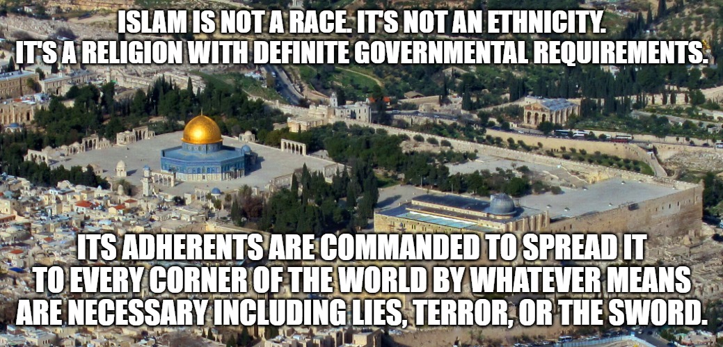 Temple of Jerusalem and Dome of the Rock Israel | ISLAM IS NOT A RACE. IT'S NOT AN ETHNICITY. IT'S A RELIGION WITH DEFINITE GOVERNMENTAL REQUIREMENTS. ITS ADHERENTS ARE COMMANDED TO SPREAD IT TO EVERY CORNER OF THE WORLD BY WHATEVER MEANS ARE NECESSARY INCLUDING LIES, TERROR, OR THE SWORD. | image tagged in temple of jerusalem and dome of the rock israel | made w/ Imgflip meme maker