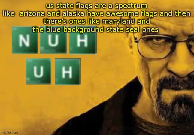nuh uh | us state flags are a spectrum

like  arizona and alaska have awesome flags and then there’s ones like maryland and the blue background state seal ones | image tagged in nuh uh | made w/ Imgflip meme maker