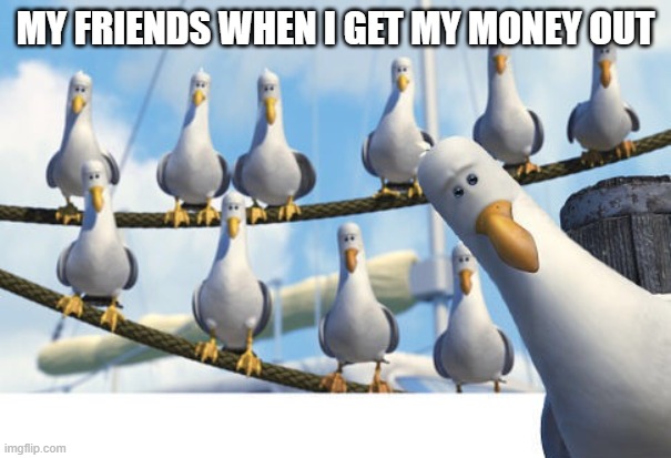 Finding Nemo Seagulls | MY FRIENDS WHEN I GET MY MONEY OUT | image tagged in finding nemo seagulls | made w/ Imgflip meme maker