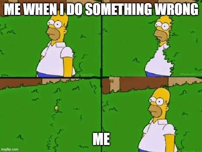 Homer Simpson Bush Reverse | ME WHEN I DO SOMETHING WRONG; ME | image tagged in homer simpson bush reverse | made w/ Imgflip meme maker