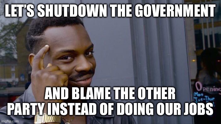 Roll Safe Think About It | LET’S SHUTDOWN THE GOVERNMENT; AND BLAME THE OTHER PARTY INSTEAD OF DOING OUR JOBS | image tagged in memes,roll safe think about it | made w/ Imgflip meme maker