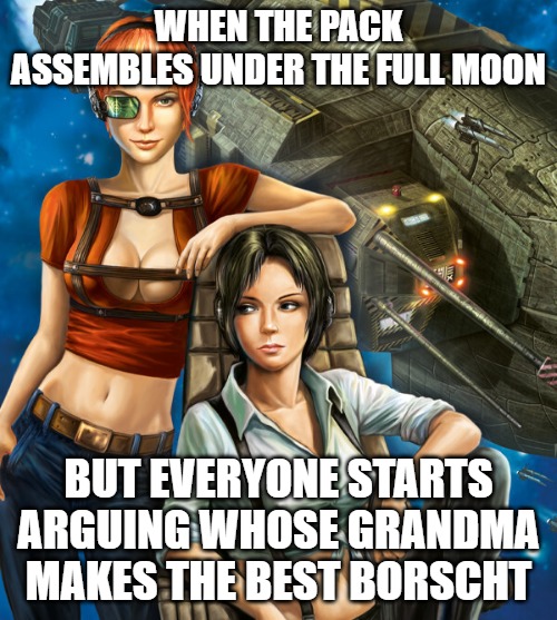 Star Wolves | WHEN THE PACK ASSEMBLES UNDER THE FULL MOON; BUT EVERYONE STARTS ARGUING WHOSE GRANDMA MAKES THE BEST BORSCHT | image tagged in star wolves,slavic star wolves | made w/ Imgflip meme maker