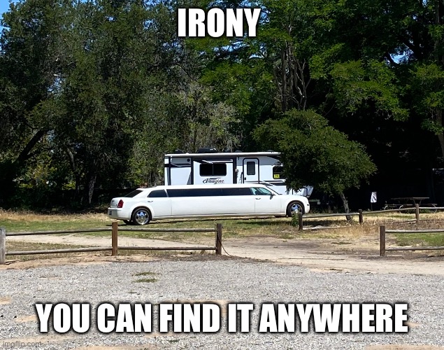 how ironic | IRONY; YOU CAN FIND IT ANYWHERE | image tagged in funny,meme,irony,ironic,stretch limo,trailer home | made w/ Imgflip meme maker