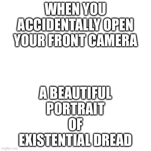 WHEN YOU ACCIDENTALLY OPEN YOUR FRONT CAMERA | WHEN YOU ACCIDENTALLY OPEN YOUR FRONT CAMERA; A BEAUTIFUL PORTRAIT OF EXISTENTIAL DREAD | image tagged in memes,blank transparent square,existentialism,existence,camera,oh my goodness | made w/ Imgflip meme maker
