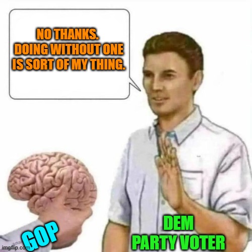 Truth in advertisement. | NO THANKS.  DOING WITHOUT ONE IS SORT OF MY THING. DEM PARTY VOTER; GOP | image tagged in no thanks brain | made w/ Imgflip meme maker