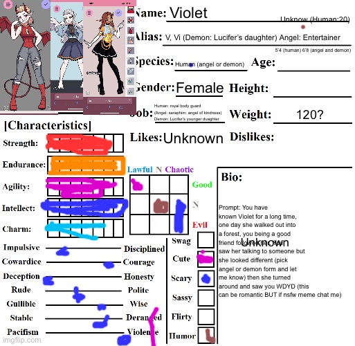 My eye hurt lol | Unknow (Human:20); Violet; V, Vi (Demon: Lucifer’s daughter) Angel: Entertainer; 5’4 (human) 6’8 (angel and demon); Human (angel or demon); Female; Human: royal body guard (Angel: seraphim: angel of kindness) Demon: Lucifer’s younger duaghter; 120? Unknown; Prompt: You have known Violet for a long time, one day she walked out into a forest, you being a good friend followed her. You saw her talking to someone but she looked different (pick angel or demon form and let me know) then she turned around and saw you WDYD (this can be romantic BUT if nsfw meme chat me); Unknown | image tagged in character chart by liamsworlds | made w/ Imgflip meme maker