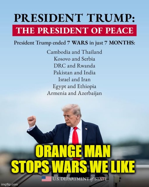 Orange man bad | ORANGE MAN
STOPS WARS WE LIKE | image tagged in leftists | made w/ Imgflip meme maker