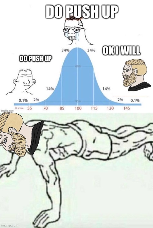 Chad does a push up | image tagged in push-up,chad,iq,bell curve,funny | made w/ Imgflip meme maker