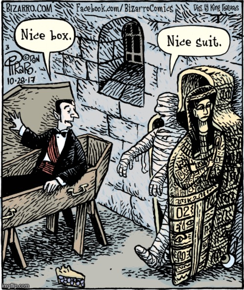 Bizarro Comics | image tagged in comics,bizarro comics,dracula,the mummy,nice box,nice suit | made w/ Imgflip meme maker
