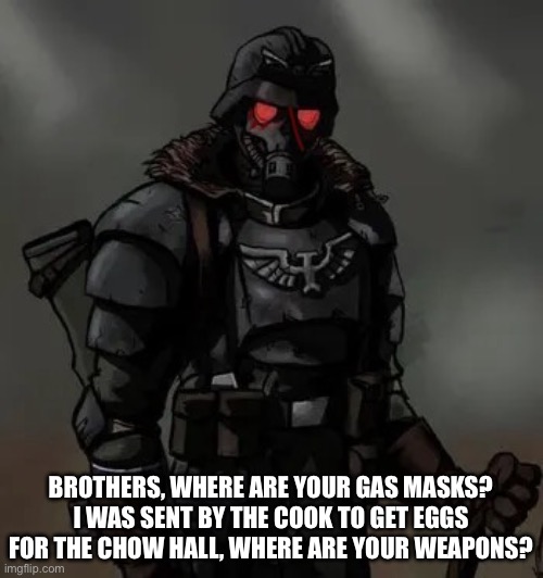 Krieg grenadier | BROTHERS, WHERE ARE YOUR GAS MASKS? I WAS SENT BY THE COOK TO GET EGGS FOR THE CHOW HALL, WHERE ARE YOUR WEAPONS? | image tagged in krieg grenadier | made w/ Imgflip meme maker