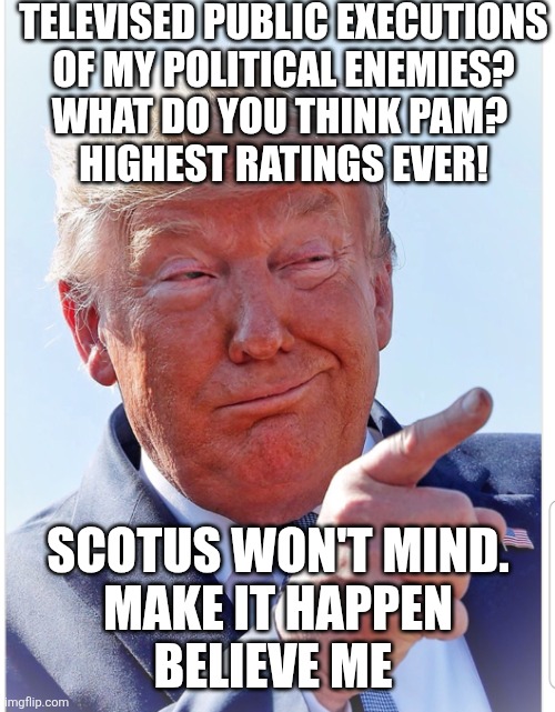 Trump pointing | TELEVISED PUBLIC EXECUTIONS

 OF MY POLITICAL ENEMIES? 
WHAT DO YOU THINK PAM? 

HIGHEST RATINGS EVER! SCOTUS WON'T MIND.
 MAKE IT HAPPEN 
B | image tagged in trump pointing | made w/ Imgflip meme maker