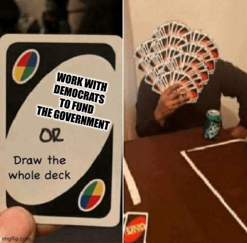 The Republican Majority are showing their incompetence big time | WORK WITH DEMOCRATS TO FUND THE GOVERNMENT | image tagged in uno draw the whole deck,republican party,memes,government shutdown,incompetence,republican majority | made w/ Imgflip meme maker