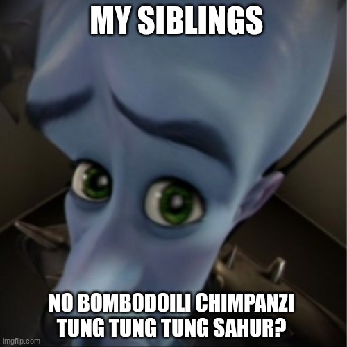 my siblings: | MY SIBLINGS; NO BOMBODOILI CHIMPANZI TUNG TUNG TUNG SAHUR? | image tagged in megamind peeking | made w/ Imgflip meme maker