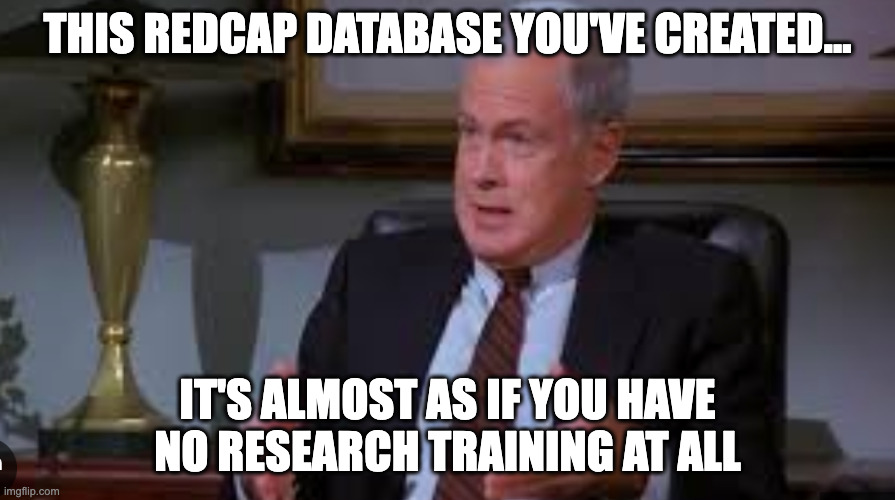THIS REDCAP DATABASE YOU'VE CREATED... IT'S ALMOST AS IF YOU HAVE NO RESEARCH TRAINING AT ALL | made w/ Imgflip meme maker