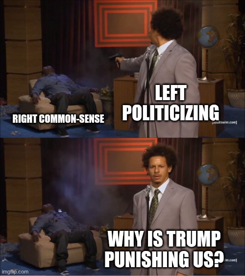 Who Killed Hannibal Meme | LEFT POLITICIZING RIGHT COMMON-SENSE WHY IS TRUMP PUNISHING US? | image tagged in memes,who killed hannibal | made w/ Imgflip meme maker